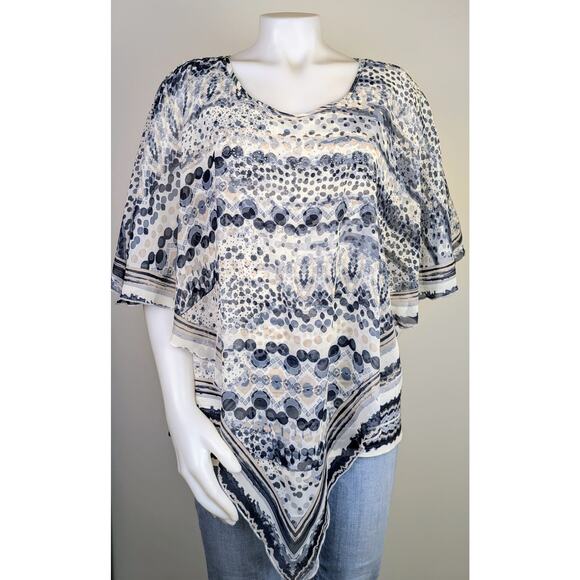 One World Top Blouse XL Gray Mixed Print Sheer Layered Scarf Flutter Sleeve - Picture 2 of 12